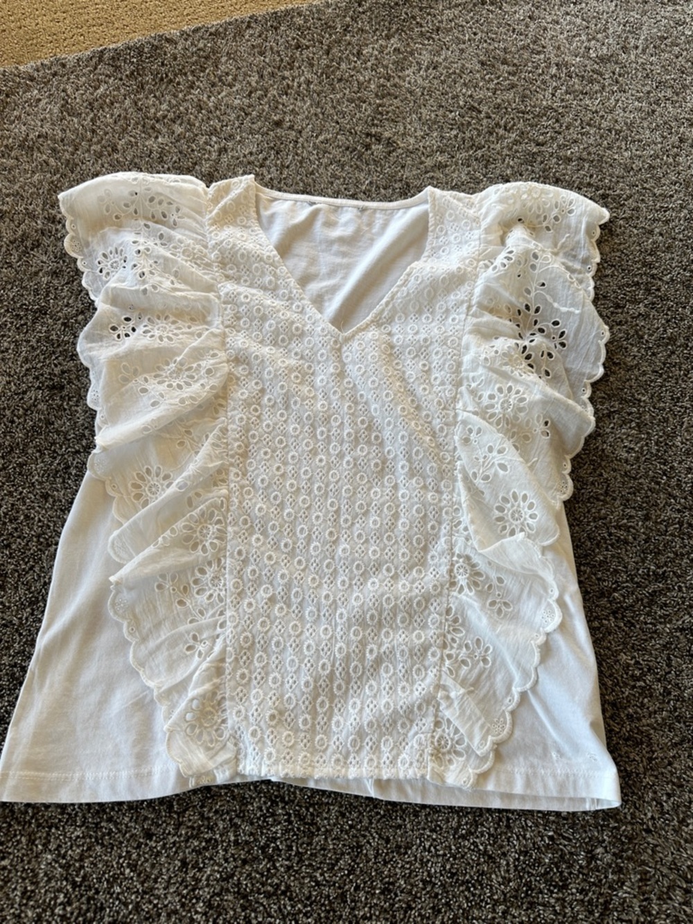 White Eyelet Ruffle V-Neck Blouse
